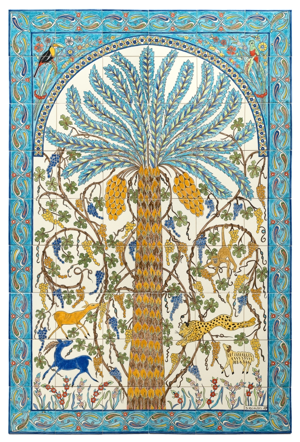 Grand Panneau de faïence, composé de 54 carreaux, décor sous émail, pour un jardin